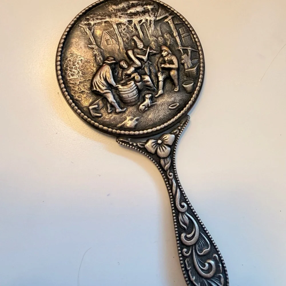 Vintage Silver Tone Hand Mirror Art Nouveau Compact Vanity